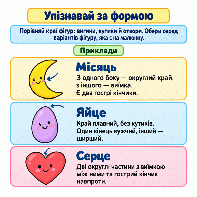 Картка вчить порівнювати краї фігур і знаходити серед варіантів фігуру з малюнка. Наведено три приклади: місяць-серпик із виїмкою та двома гострими кінчиками; яйцеподібна фігура з плавним краєм, вужча з одного кінця; серце з двома округлими частинами, виїмкою між ними та гострим кінчиком навпроти. Упізнавай за формою Місяць: З одного боку — округлий край, з іншого — виїмка. Є два гострі кінчики. Яйце: Край плавний, без кутиків. Один кінець вужчий, інший — ширший. Серце: Дві округлі частини з виїмкою між ними та гострий кінчик навпроти. Порівняй краї фігур: вигини, кутики й отвори. Обери серед варіантів фігуру, яка є на малюнку. Приклади