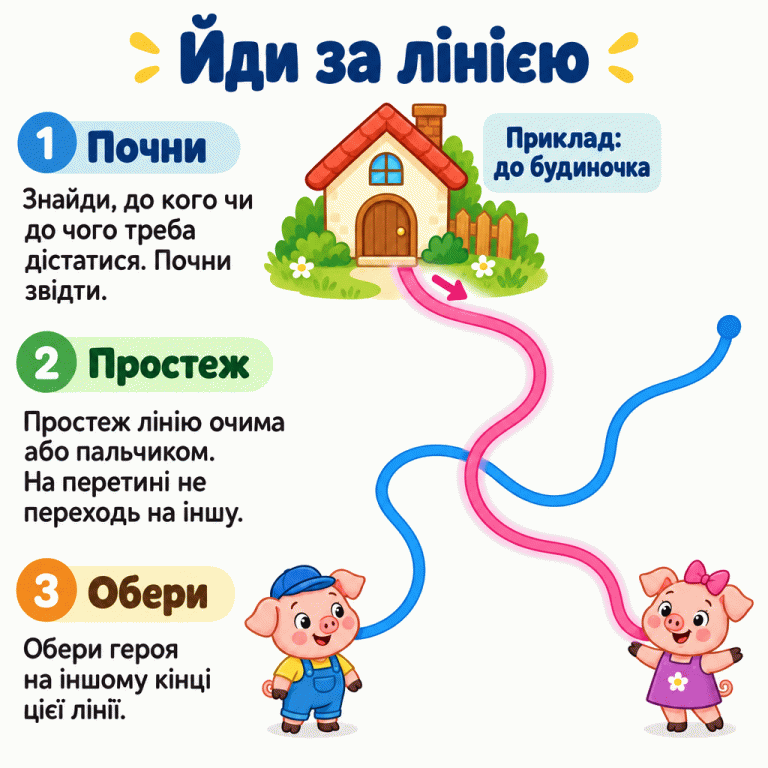 Навчальний приклад із будиночком і двома поросятами. Від будиночка звивиста лінія веде до одного поросяти. Вона перетинається з іншою лінією, але не з’єднується з нею. Пояснення радить почати від цілі, простежити ту саму лінію та обрати героя на її іншому кінці. Йди за лінією Почни: Знайди, до кого чи до чого треба дістатися. Почни звідти. Простеж: Простеж лінію очима або пальчиком. На перетині не переходь на іншу. Обери: Обери героя на іншому кінці цієї лінії. Приклад: до будиночка 1 2 3
