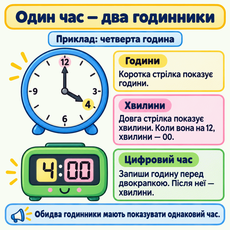 Навчальний приклад четвертої години. На стрілковому годиннику коротка стрілка вказує на 4, а довга — на 12. Коротка показує години, довга — хвилини. Довга стрілка на 12 означає 00 хвилин. Цифровий годинник показує 4:00: перед двокрапкою записано годину, після неї — хвилини. Обидва годинники показують однаковий час. Один час — два годинники Години: Коротка стрілка показує години. Хвилини: Довга стрілка показує хвилини. Коли вона на 12, хвилини — 00. Цифровий час: Запиши годину перед двокрапкою. Після неї — хвилини. Обидва годинники мають показувати однаковий час. Приклад: четверта година 12 3 4 6 9 4:00