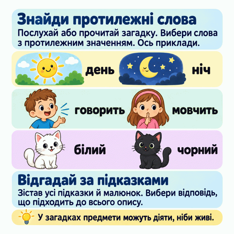 Картка пояснює, як відгадувати загадки. Спочатку треба послухати або прочитати загадку й вибрати слова з протилежним значенням. Три ілюстровані приклади: день і ніч, говорить і мовчить, білий і чорний. Потім треба зіставити всі підказки з малюнком та вибрати відповідь, що підходить до всього опису. Нагадування: у загадках предмети можуть діяти, ніби живі. Знайди протилежні слова: Послухай або прочитай загадку. Вибери слова з протилежним значенням. Ось приклади. Відгадай за підказками: Зістав усі підказки й малюнок. Вибери відповідь, що підходить до всього опису. У загадках предмети можуть діяти, ніби живі. день ніч говорить мовчить білий чорний