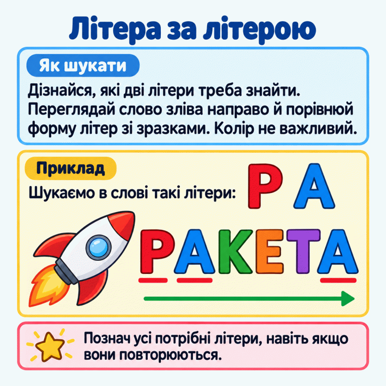 Картка пояснює, як шукати дві задані літери: переглядати слово зліва направо, порівнювати форму, а не колір, і позначати всі повторення. У навчальному прикладі зразки — Р та А. Біля малюнка ракети написано РАКЕТА; підкреслено Р та обидві А. Літера за літерою Як шукати: Дізнайся, які дві літери треба знайти. Переглядай слово зліва направо й порівнюй форму літер зі зразками. Колір не важливий. Приклад: Шукаємо в слові такі літери: Познач усі потрібні літери, навіть якщо вони повторюються. Р А РАКЕТА