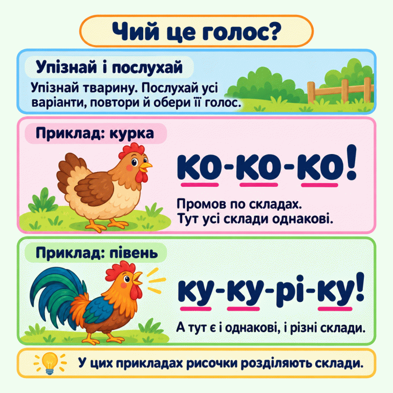 Упізнай тварину, послухай усі варіанти, повтори й обери її голос. Навчальний приклад курки: «ко-ко-ко!» — усі склади однакові. Навчальний приклад півня: «ку-ку-рі-ку!» — перший, другий і четвертий склади однакові, а третій відрізняється. Повторювані склади підкреслено. У цих прикладах рисочки розділяють склади. Чий це голос? Упізнай і послухай: Упізнай тварину. Послухай усі варіанти, повтори й обери її голос. Приклад: курка: Промов по складах. Тут усі склади однакові. Приклад: півень: А тут є і однакові, і різні склади. У цих прикладах рисочки розділяють склади. ко-ко-ко! ку-ку-рі-ку!
