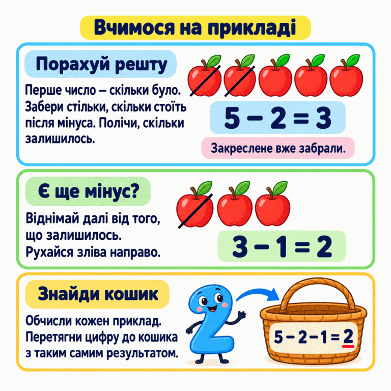 Навчальний приклад віднімання. Із п’яти яблук два закреслено як забрані: залишилося три, 5 − 2 = 3. Далі з цих трьох яблук забрали одне: залишилося два, 3 − 1 = 2. Повний вираз на кошику: 5 − 2 − 1 = 2. До нього підходить цифра 2. В інших завданнях потрібно так само обчислити кожен вираз і знайти кошик із результатом, що відповідає заданій цифрі. Вчимося на прикладі Порахуй решту: Перше число — скільки було. Забери стільки, скільки стоїть після мінуса. Полічи, скільки залишилось. Є ще мінус?: Віднімай далі від того, що залишилось. Рухайся зліва направо. Знайди кошик: Обчисли кожен приклад. Перетягни цифру до кошика з таким самим результатом. Закреслене вже забрали. 5 − 2 = 3 3 − 1 = 2 5 − 2 − 1 = 2 2