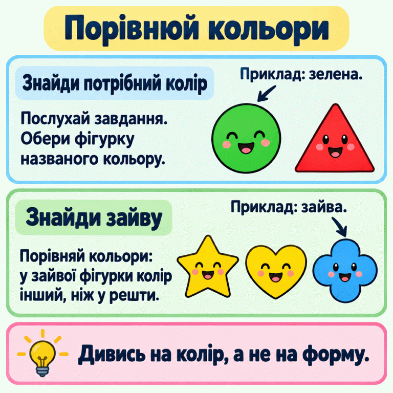 Пам’ятка про вибір за кольором. Спочатку послухай завдання й обери фігурку названого кольору. У навчальному прикладі названо зелену: стрілка вказує на зелену фігурку, а не на червону. Якщо треба знайти зайву, порівняй її колір із кольором решти. У другому прикладі зірочка й сердечко жовті, а третя фігурка синя, тому вона зайва за кольором. Дивись на колір, а не на форму. Порівнюй кольори Знайди потрібний колір: Послухай завдання. Обери фігурку названого кольору. Знайди зайву: Порівняй кольори: у зайвої фігурки колір інший, ніж у решти. Дивись на колір, а не на форму. Приклад: зелена. Приклад: зайва.