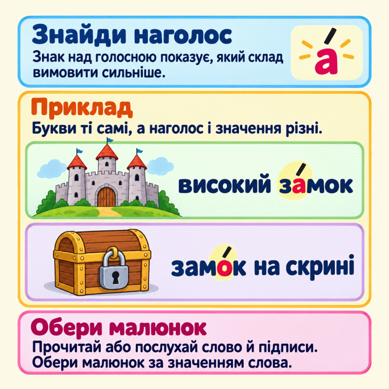 Приклад двох значень слова з однаковими буквами: за́мок — будівля з вежами, замо́к — пристрій на скрині. У першому слові наголос над а, у другому — над о. Знак над голосною показує, який склад вимовити сильніше. Прочитай або послухай слово й підписи та обери малюнок за значенням. Знайди наголос: Знак над голосною показує, який склад вимовити сильніше. Приклад: Букви ті самі, а наголос і значення різні. Обери малюнок: Прочитай або послухай слово й підписи. Обери малюнок за значенням слова. високий за́мок замо́к на скрині а́