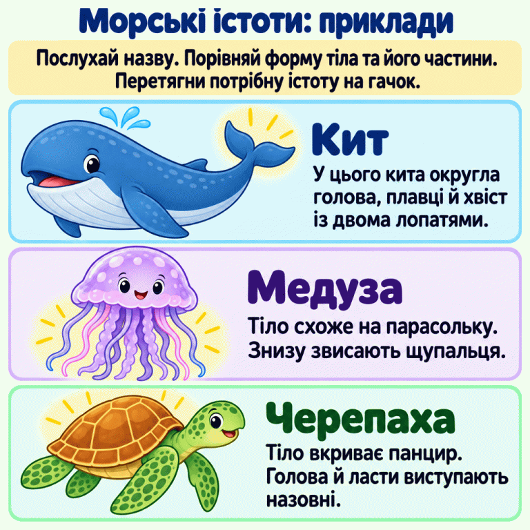 Картка вчить слухати назву морської істоти, порівнювати форму тіла та його частини й переносити потрібне зображення на гачок. Три підписані приклади: кит з округлою головою, плавцями та хвостом із двома лопатями; медуза з тілом-парасолькою та щупальцями; морська черепаха з панциром, головою й ластами. Морські істоти: приклади Кит: У цього кита округла голова, плавці й хвіст із двома лопатями. Медуза: Тіло схоже на парасольку. Знизу звисають щупальця. Черепаха: Тіло вкриває панцир. Голова й ласти виступають назовні. Послухай назву. Порівняй форму тіла та його частини. Перетягни потрібну істоту на гачок.