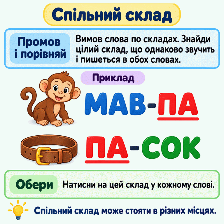 Навчальний приклад: мав-па і па-сок. Біля слів зображено мавпу та пасок. В обох словах підкреслено цілий склад «па»: в одному слові він наприкінці, в іншому — на початку. Промов слова по складах, знайди однаковий склад і натисни на нього в кожному слові. Спільний склад Промов і порівняй: Вимов слова по складах. Знайди цілий склад, що однаково звучить і пишеться в обох словах. Обери: Натисни на цей склад у кожному слові. Спільний склад може стояти в різних місцях. Приклад МАВ-ПА ПА-СОК