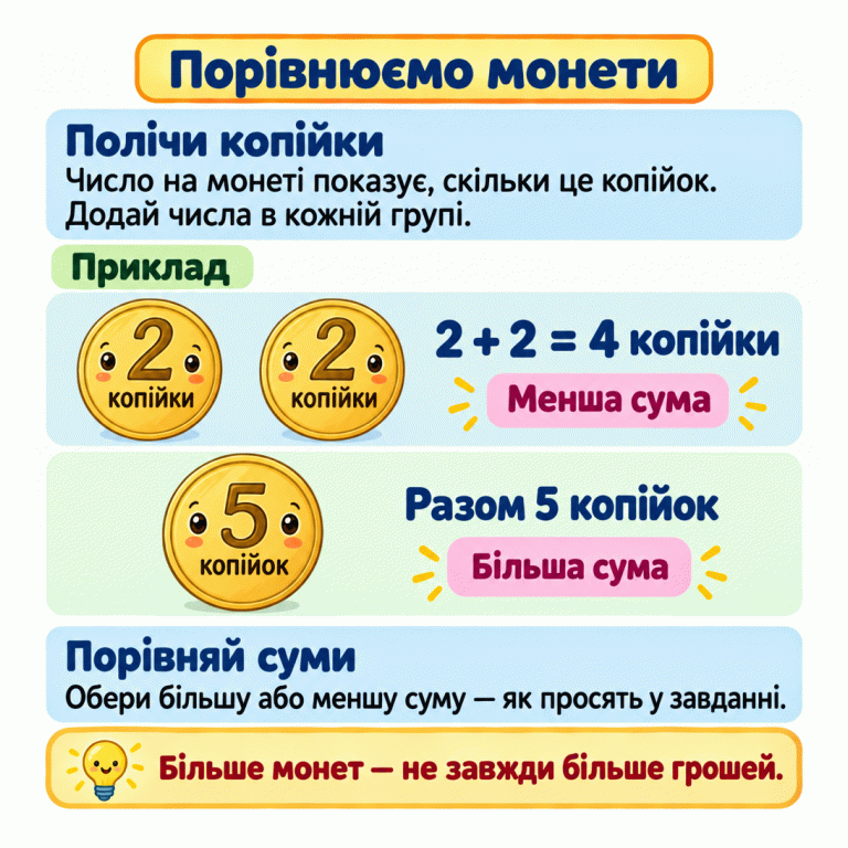 Порівнюємо суми копійок, а не лише кількість монет. Число на монеті показує її вартість. У навчальному прикладі дві монети по 2 копійки разом дають 4 копійки — це менша сума. Одна монета на 5 копійок дає більшу суму. Додай числа на монетах у кожній групі та обери більшу або меншу суму відповідно до запитання. Порівнюємо монети Полічи копійки: Число на монеті показує, скільки це копійок. Додай числа в кожній групі. Порівняй суми: Обери більшу або меншу суму — як просять у завданні. Більше монет — не завжди більше грошей. Приклад 2 копійки 5 копійок 2 + 2 = 4 копійки Разом 5 копійок Менша сума Більша сума