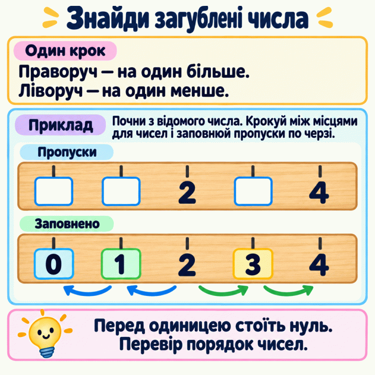 Навчальна картка пояснює: між сусідніми місцями для чисел праворуч число збільшується на один, ліворуч — зменшується на один. У прикладі на короткій лінійці спочатку є два порожні місця, двійка, ще одне порожнє місце та четвірка. Нижче пропуски заповнено: нуль, один, два, три, чотири. Стрілки показують кроки від двійки в обидва боки. Нагадування: перед одиницею стоїть нуль. Знайди загублені числа Один крок: Праворуч — на один більше. Ліворуч — на один менше. Приклад: Почни з відомого числа. Крокуй між місцями для чисел і заповнюй пропуски по черзі. Перед одиницею стоїть нуль. Перевір порядок чисел. Пропуски Заповнено 1 2 3 4