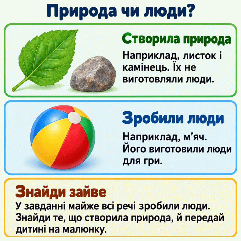 Картка пояснює різницю між природним і рукотворним. Листок і необроблений камінець — приклади того, що створила природа. М’яч виготовили люди для гри. У завданні потрібно знайти природний об’єкт серед речей, зроблених людьми, і передати дитині на малюнку. Природа чи люди? Створила природа: Наприклад, листок і камінець. Їх не виготовляли люди. Зробили люди: Наприклад, м’яч. Його виготовили люди для гри. Знайди зайве: У завданні майже всі речі зробили люди. Знайди те, що створила природа, й передай дитині на малюнку.