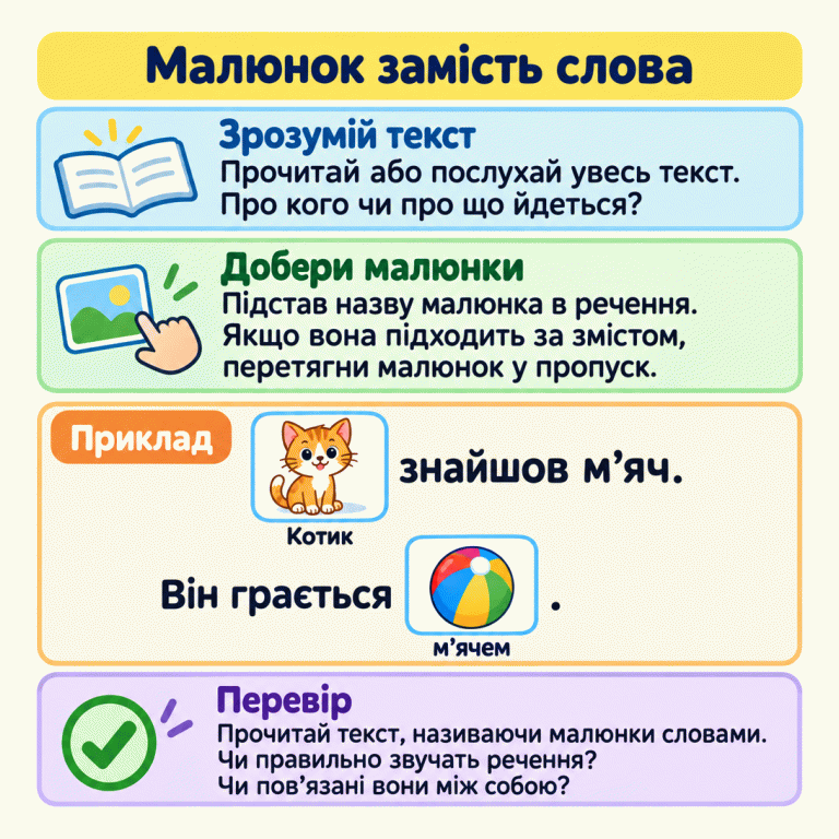 Картка пояснює: прочитай або послухай весь текст, спробуй підставити назву малюнка в речення, перетягни відповідний малюнок у пропуск і перевір зв’язність тексту. У навчальному прикладі малюнок котика замінює слово «Котик» у реченні «Котик знайшов м’яч». Малюнок м’яча замінює слово «м’ячем» у реченні «Він грається м’ячем». Обидва речення розповідають про того самого котика. Малюнок замість слова Зрозумій текст: Прочитай або послухай увесь текст. Про кого чи про що йдеться? Добери малюнки: Підстав назву малюнка в речення. Якщо вона підходить за змістом, перетягни малюнок у пропуск. Перевір: Прочитай текст, називаючи малюнки словами. Чи правильно звучать речення? Чи пов’язані вони між собою? Приклад знайшов м’яч. Котик Він грається м’ячем . ✓