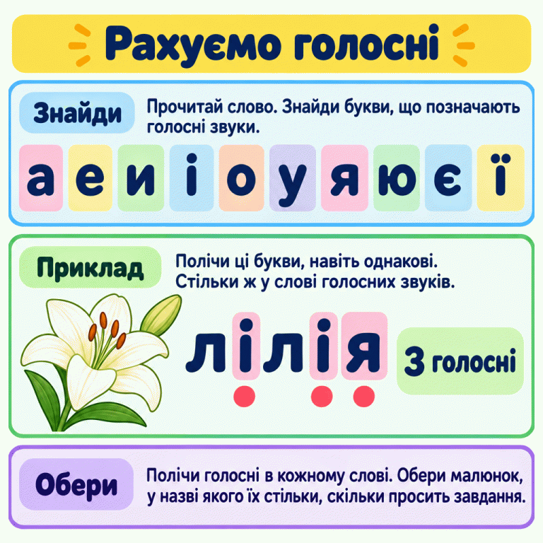 Картка пояснює, як рахувати голосні. Подано букви а, е, и, і, о, у, я, ю, є, ї. У навчальному слові «лілія» позначено обидві і та я: три позначки означають три голосні. Потрібно так само порахувати голосні в кожному слові завдання й обрати малюнок із потрібною кількістю голосних у назві. Рахуємо голосні Знайди: Прочитай слово. Знайди букви, що позначають голосні звуки. Приклад: Полічи ці букви, навіть однакові. Стільки ж у слові голосних звуків. Обери: Полічи голосні в кожному слові. Обери малюнок, у назві якого їх стільки, скільки просить завдання. а е и і о у я ю є ї лілія 3 голосні