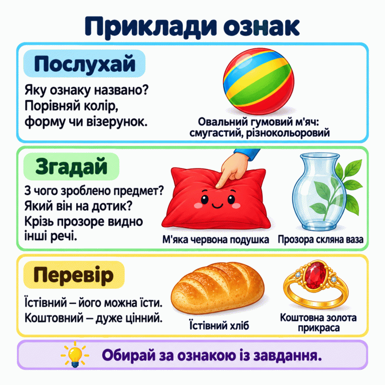 Картка пояснює, як вибирати предмет за названою ознакою. Овальний гумовий м’яч має різнокольорові смуги. Червона подушка прогинається від легкого натиску. Крізь прозору скляну вазу видно листочок. Хліб є прикладом їстівного, а золота прикраса — коштовного. Треба послухати завдання, розглянути предмети, пригадати їхні властивості й обрати за потрібною ознакою. Приклади ознак Послухай: Яку ознаку названо? Порівняй колір, форму чи візерунок. Згадай: З чого зроблено предмет? Який він на дотик? Крізь прозоре видно інші речі. Перевір: Їстівний — його можна їсти. Коштовний — дуже цінний. Обирай за ознакою із завдання. Овальний гумовий м'яч: смугастий, різнокольоровий М'яка червона подушка Прозора скляна ваза Їстівний хліб Коштовна золота прикраса