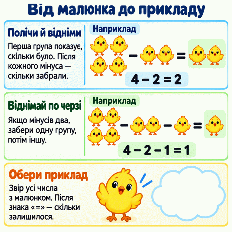 Два навчальні приклади з курчатами. Від чотирьох забрали двох — залишилося двоє: 4 − 2 = 2. Від чотирьох забрали двох, потім ще одного — залишилося одне: 4 − 2 − 1 = 1. Полічи кожну групу, віднімай по черзі та звір усі числа прикладу з малюнком. Від малюнка до прикладу Полічи й відніми: Перша група показує, скільки було. Після кожного мінуса — скільки забрали. Віднімай по черзі: Якщо мінусів два, забери одну групу, потім іншу. Обери приклад: Звір усі числа з малюнком. Після знака «=» — скільки залишилося. Наприклад 4 − 2 = 2 4 − 2 − 1 = 1 − =