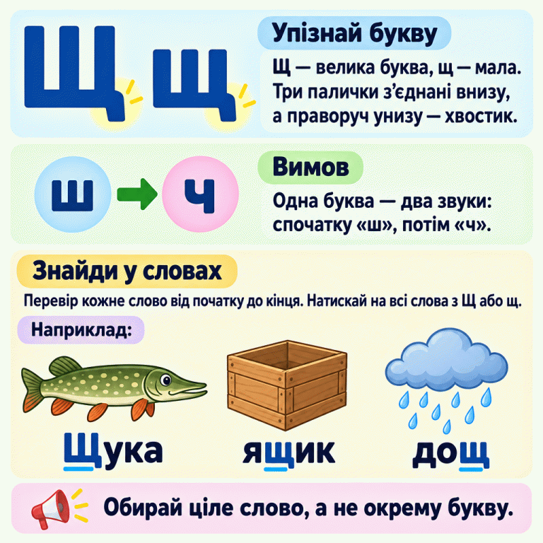Навчальна картка про Щ і щ. У друкованої букви три палички, з’єднані внизу, та хвостик унизу праворуч. Вона передає два звуки: спочатку «ш», потім «ч». Під малюнками щуки, ящика й дощу написано «Щука», «ящик», «дощ»; цільову букву підкреслено на початку, всередині та в кінці слова. Потрібно перевірити кожне слово й обрати всі цілі слова з Щ або щ. Упізнай букву: Щ — велика буква, щ — мала. Три палички з’єднані внизу, а праворуч унизу — хвостик. Вимов: Одна буква — два звуки: спочатку «ш», потім «ч». Знайди у словах: Перевір кожне слово від початку до кінця. Натискай на всі слова з Щ або щ. Обирай ціле слово, а не окрему букву. Щ щ ш ч Наприклад: Щука ящик дощ