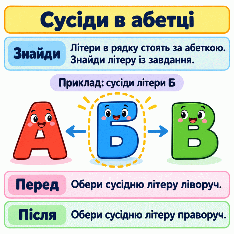 Сусіди в абетці. Знайди в рядку літеру із завдання. У навчальному прикладі літери А, Б, В стоять за абеткою, а Б є заданою літерою. Перед Б стоїть А — сусідка ліворуч. Після Б стоїть В — сусідка праворуч. Обирай сусідню літеру з того боку, який указано в завданні. Сусіди в абетці Знайди: Літери в рядку стоять за абеткою. Знайди літеру із завдання. Перед: Обери сусідню літеру ліворуч. Після: Обери сусідню літеру праворуч. Приклад: сусіди літери Б А Б В