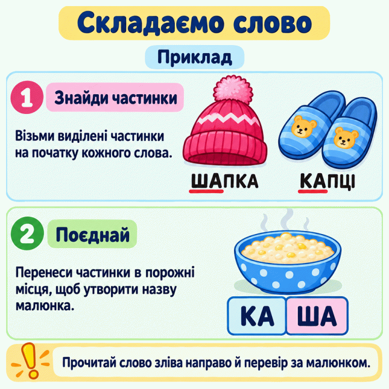 Навчальний приклад складання слова з початкових частинок. Під шапкою написано «ШАПКА» й підкреслено «ША», під парою капців — «КАПЦІ» й підкреслено «КА». Біля миски каші частинки розташовано в іншому порядку: «КА», потім «ША». Разом читаємо «КАША». Напис нагадує прочитати слово зліва направо та перевірити його за малюнком. Складаємо слово Знайди частинки: Візьми виділені частинки на початку кожного слова. Поєднай: Перенеси частинки в порожні місця, щоб утворити назву малюнка. Прочитай слово зліва направо й перевір за малюнком. Приклад ШАПКА КАПЦІ КА ША 1 2 !
