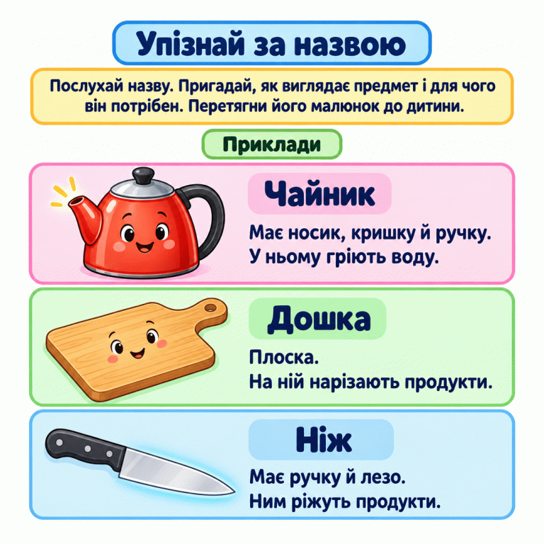 Картка вчить упізнавати кухонні предмети за назвою, виглядом і призначенням. Три приклади: чайник має носик, кришку й ручку, у ньому гріють воду; дошка плоска, на ній нарізають продукти; ніж має ручку й лезо, ним ріжуть продукти. У завданні потрібно послухати назву та перетягнути відповідний малюнок до дитини. Упізнай за назвою Чайник: Має носик, кришку й ручку. У ньому гріють воду. Дошка: Плоска. На ній нарізають продукти. Ніж: Має ручку й лезо. Ним ріжуть продукти. Послухай назву. Пригадай, як виглядає предмет і для чого він потрібен. Перетягни його малюнок до дитини. Приклади