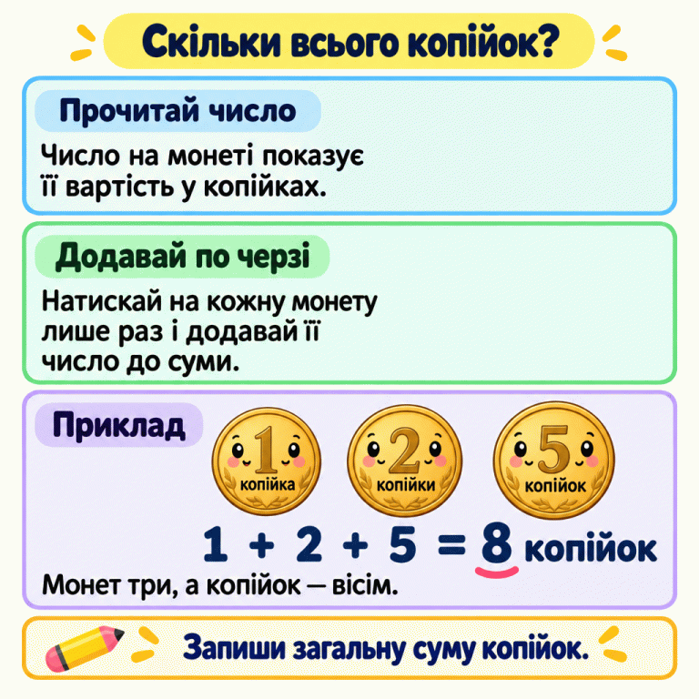 Число на монеті показує її вартість у копійках. Натискай на кожну монету один раз і додавай її вартість до суми. У навчальному прикладі одна, дві та п’ять копійок разом становлять вісім копійок. Монет три, але копійок вісім. У відповідь запиши загальну суму копійок. Скільки всього копійок? Прочитай число: Число на монеті показує її вартість у копійках. Додавай по черзі: Натискай на кожну монету лише раз і додавай її число до суми. Приклад: Монет три, а копійок — вісім. Запиши загальну суму копійок. 1 2 5 8 + = копійка копійки копійок