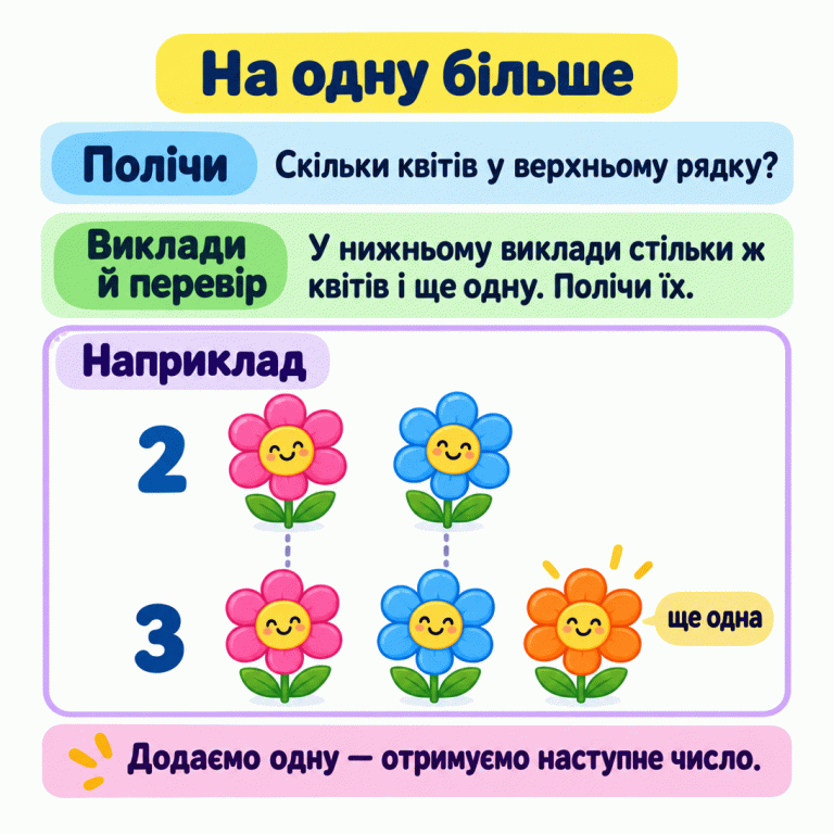 На одну більше. Полічи квіти у верхньому рядку. У нижньому виклади стільки ж і ще одну, а потім полічи. Наприклад: угорі дві квітки, унизу три. Дві нижні квітки мають пари вгорі, а ще одна — без пари. Додаємо одну — отримуємо наступне число. На одну більше Полічи: Скільки квітів у верхньому рядку? Виклади й перевір: У нижньому виклади стільки ж квітів і ще одну. Полічи їх. Додаємо одну — отримуємо наступне число. Наприклад 2 3 ще одна