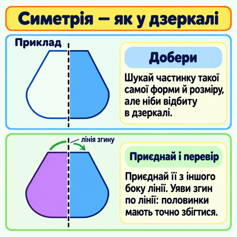 Приклад добору симетричної половинки. Спочатку праворуч від пунктиру видно частинку фігури, а ліворуч — контур її дзеркального відображення. Нижче половинки приєднані: їхні кути й округлі краї дзеркально відповідають одне одному. Якщо уявно скласти фігуру по пунктирній лінії, половинки точно збігатимуться. Симетрія — як у дзеркалі Добери: Шукай частинку такої самої форми й розміру, але ніби відбиту в дзеркалі. Приєднай і перевір: Приєднай її з іншого боку лінії. Уяви згин по лінії: половинки мають точно збігтися. Приклад лінія згину