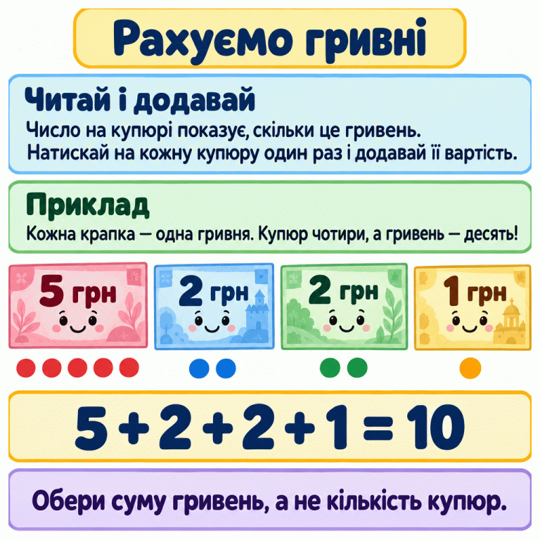 Навчальний приклад: чотири купюри — 5, 2, 2 та 1 гривня. Кожній купюрі відповідають крапки, по одній на кожну гривню: п’ять, дві, дві та одна. Додаємо: 5 + 2 + 2 + 1 = 10. Купюр чотири, а гривень десять. Щоб знайти відповідь, врахуй кожну купюру один раз і обери суму гривень. Рахуємо гривні Читай і додавай: Число на купюрі показує, скільки це гривень. Натискай на кожну купюру один раз і додавай її вартість. Приклад: Кожна крапка — одна гривня. Купюр чотири, а гривень — десять! Обери суму гривень, а не кількість купюр. 5 грн 2 грн 1 грн 5 + 2 + 2 + 1 = 10