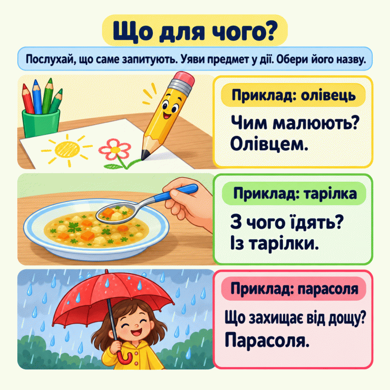 Послухай, що саме запитують, уяви предмет у дії та обери його назву. Три приклади: олівець малює на папері; із тарілки набирають їжу; парасоля захищає дитину від дощу. Що для чого? Приклад: олівець: Чим малюють? Олівцем. Приклад: тарілка: З чого їдять? Із тарілки. Приклад: парасоля: Що захищає від дощу? Парасоля. Послухай, що саме запитують. Уяви предмет у дії. Обери його назву.