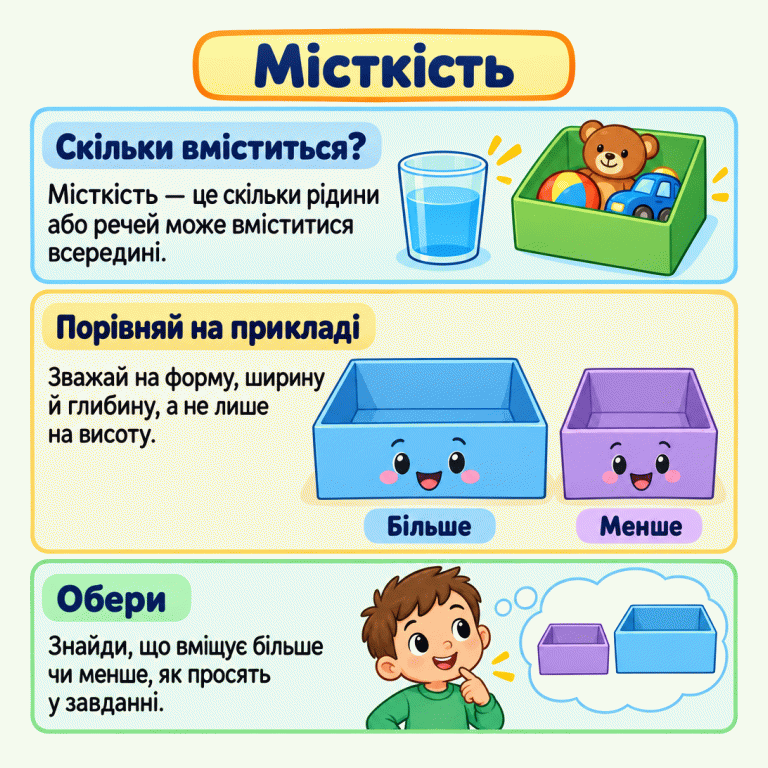 Місткість — це скільки рідини або речей може вміститися всередині. У прикладі дві відкриті коробки однакової внутрішньої висоти. Ширша й глибша коробка вміщує більше, вужча й менш глибока — менше. Порівнюй не лише висоту та обирай більшу або меншу місткість відповідно до запитання. Місткість Скільки вміститься?: Місткість — це скільки рідини або речей може вміститися всередині. Порівняй на прикладі: Зважай на форму, ширину й глибину, а не лише на висоту. Обери: Знайди, що вміщує більше чи менше, як просять у завданні. Більше Менше