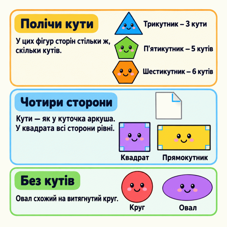 Три розділи пояснюють, як упізнавати фігури. Трикутник має три сторони й три кути, п'ятикутник — п'ять, шестикутник — шість. Квадрат і прямокутник мають по чотири сторони та кути, як у куточка аркуша; у квадрата всі сторони рівні. Унизу показано круг та витягнутий овал — обидві фігури без кутів. Полічи кути: У цих фігур сторін стільки ж, скільки кутів. Чотири сторони: Кути — як у куточка аркуша. У квадрата всі сторони рівні. Без кутів: Овал схожий на витягнутий круг. Трикутник — 3 кути П'ятикутник — 5 кутів Шестикутник — 6 кутів Квадрат Прямокутник Круг Овал