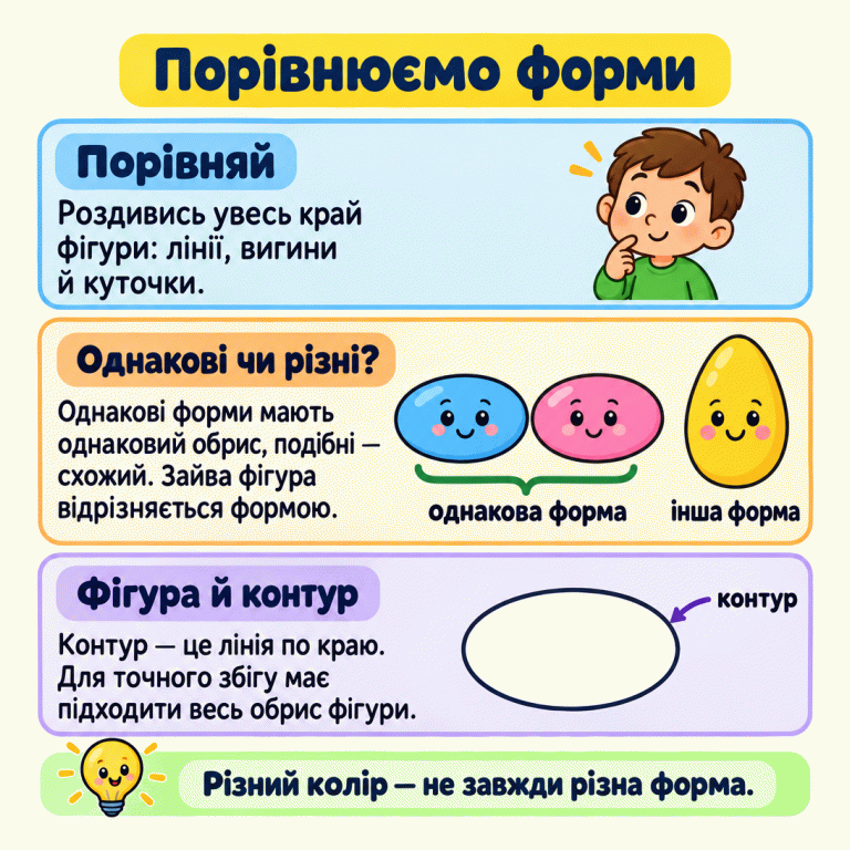Навчальна картка про порівняння форм. Два овали мають однаковий обрис. Поряд яйцеподібна фігура: її один кінець вужчий, тому форма інша, хоча вона теж без куточків. Унизу показано незаповнений овальний контур. Порада: порівнювати весь край фігури, а не лише колір чи окрему частину. Порівнюємо форми Порівняй: Роздивись увесь край фігури: лінії, вигини й куточки. Однакові чи різні?: Однакові форми мають однаковий обрис, подібні — схожий. Зайва фігура відрізняється формою. Фігура й контур: Контур — це лінія по краю. Для точного збігу має підходити весь обрис фігури. Різний колір — не завжди різна форма. однакова форма інша форма контур
