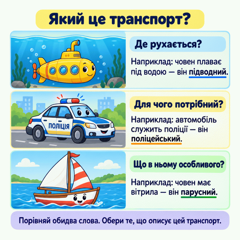 Три приклади ознак транспорту. Човен повністю занурений у воду — підводний. Автомобіль із написом «ПОЛІЦІЯ» служить поліції — поліцейський. Човен із вітрилами — парусний. Щоб обрати ознаку, подумай, де транспорт рухається, для чого потрібний і що в ньому особливого. Порівняй обидва запропоновані слова. Який це транспорт? Де рухається?: Наприклад: човен плаває під водою — він підводний. Для чого потрібний?: Наприклад: автомобіль служить поліції — він поліцейський. Що в ньому особливого?: Наприклад: човен має вітрила — він парусний. Порівняй обидва слова. Обери те, що описує цей транспорт. ПОЛІЦІЯ