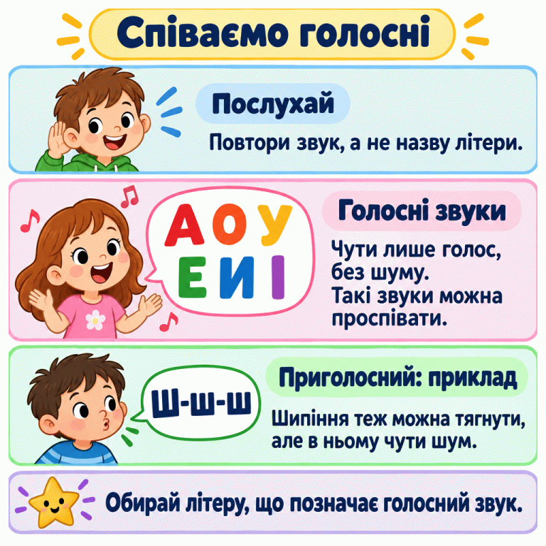 Повтори почутий звук, а не назву літери. Голосні А, О, У, Е, И, І звучать лише голосом, без шуму, тому їх можна проспівати. Шипіння «Ш-ш-ш» теж можна тягнути, але в ньому чути шум: це приголосний. Обирай літеру, що позначає голосний звук. Співаємо голосні Послухай: Повтори звук, а не назву літери. Голосні звуки: Чути лише голос, без шуму. Такі звуки можна проспівати. Приголосний: приклад: Шипіння теж можна тягнути, але в ньому чути шум. Обирай літеру, що позначає голосний звук. А О У Е И І Ш-ш-ш