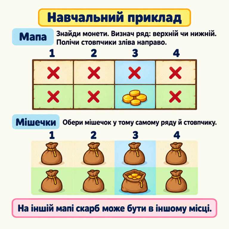 Навчальний приклад пошуку скарбу. На мапі два ряди й чотири стовпчики. У нижньому ряду, третьому стовпчику зліва, лежать монети; в інших клітинках — сім хрестиків. Нижче так само розташовано вісім мішечків. Мішечок у нижньому ряду, третьому стовпчику, відкритий і містить монети. В обох розташуваннях підсвічено відповідний ряд і стовпчик. Щоб знайти скарб у завданні, визнач ряд монет на мапі, полічи стовпчики зліва направо й обери мішечок на тому самому місці. Навчальний приклад Мапа: Знайди монети. Визнач ряд: верхній чи нижній. Полічи стовпчики зліва направо. Мішечки: Обери мішечок у тому самому ряду й стовпчику. На іншій мапі скарб може бути в іншому місці. Х 1 2 3 4