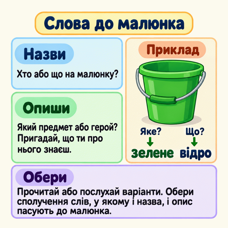 Навчальний приклад: зелене відро. Слово «відро» відповідає на запитання «Що?», а «зелене» — на запитання «Яке?». Назви зображене, подумай, як його описати, і прочитай або послухай варіанти. Обери сполучення слів, у якому до малюнка пасують і назва, і опис. Слова до малюнка Назви: Хто або що на малюнку? Опиши: Який предмет або герой? Пригадай, що ти про нього знаєш. Обери: Прочитай або послухай варіанти. Обери сполучення слів, у якому і назва, і опис пасують до малюнка. Приклад зелене відро Яке? Що?