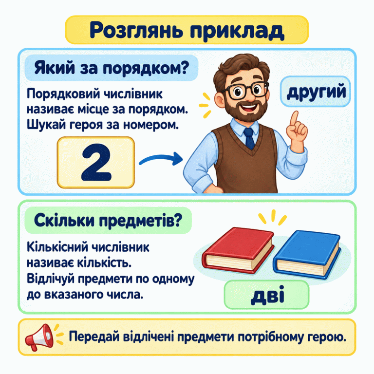 Навчальний приклад пояснює два значення числівників. Цифра 2 зіставлена зі словом «другий» біля вчителя: порядкове слово допомагає знайти героя за номером. Біля двох книг написано «дві»: кількісне слово називає кількість предметів. Потрібно відлічити вказану кількість і передати її потрібному герою. Розглянь приклад Який за порядком?: Порядковий числівник називає місце за порядком. Шукай героя за номером. Скільки предметів?: Кількісний числівник називає кількість. Відлічуй предмети по одному до вказаного числа. Передай відлічені предмети потрібному герою. 2 другий дві