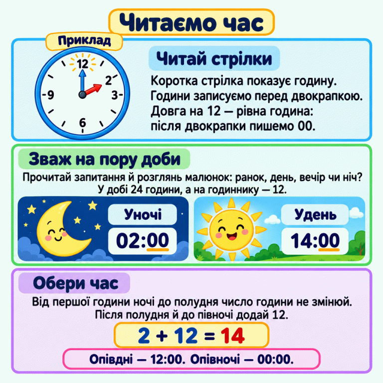Навчальна картка про визначення цілої години. На прикладі коротка стрілка вказує на 2, довга — на 12. Ті самі покази означають 02:00 уночі або 14:00 удень. Коротка стрілка показує годину, а довга на 12 означає 00 хвилин. Пору доби визначаємо за запитанням і малюнком. Від першої години ночі до полудня число години не змінюємо; після полудня до півночі додаємо 12. Приклад: 2 + 12 = 14. Опівдні — 12:00, опівночі — 00:00. Читаємо час Читай стрілки: Коротка стрілка показує годину. Години записуємо перед двокрапкою. Довга на 12 — рівна година: після двокрапки пишемо 00. Зваж на пору доби: Прочитай запитання й розглянь малюнок: ранок, день, вечір чи ніч? У добі 24 години, а на годиннику — 12. Обери час: Від першої години ночі до полудня число години не змінюй. Після полудня й до півночі додай 12. Опівдні — 12:00. Опівночі — 00:00. Приклад 12 2 3 6 9 Уночі 02:00 Удень 14:00 2 + 12 = 14