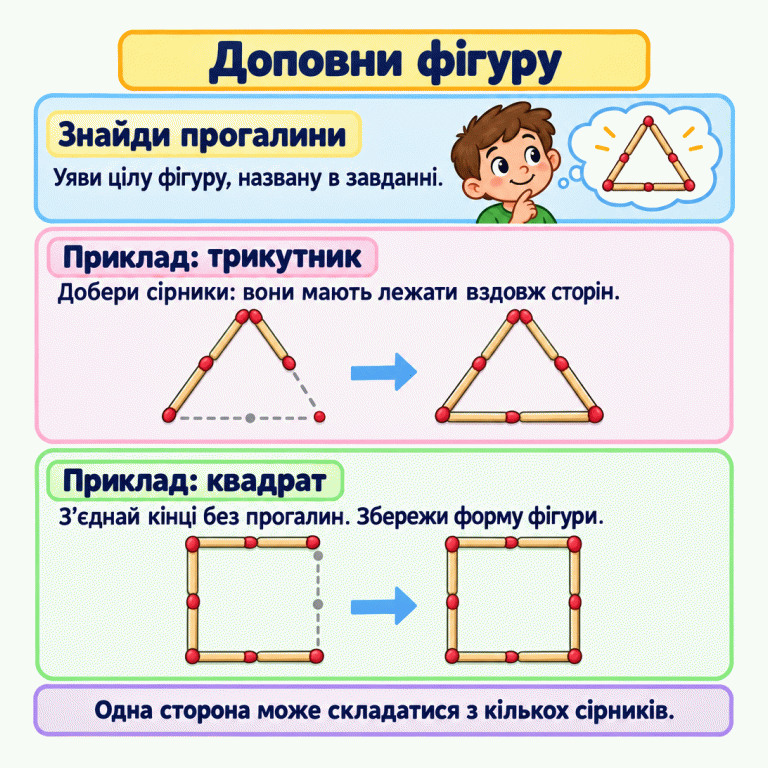 Картка пояснює, як доповнити фігуру сірниками: уявити її цілою, знайти прогалини й додати сірники вздовж сторін. У навчальному трикутнику відновлюють основу та частину похилої сторони, у квадраті — вертикальну сторону. Неповні фігури показані поруч із завершеними. Одна сторона може складатися з кількох сірників. Доповни фігуру Знайди прогалини: Уяви цілу фігуру, названу в завданні. Приклад: трикутник: Добери сірники: вони мають лежати вздовж сторін. Приклад: квадрат: З’єднай кінці без прогалин. Збережи форму фігури. Одна сторона може складатися з кількох сірників.