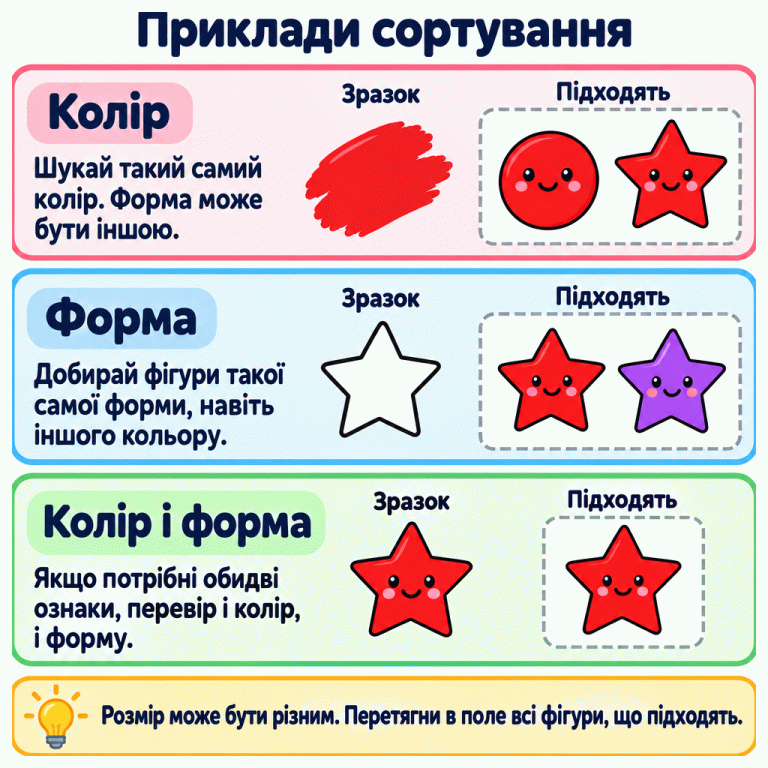 Три навчальні приклади сортування. За кольором: до червоного зразка підходять червоні круг і зірка. За формою: до контуру зірки підходять червона й фіолетова зірки. Якщо потрібні колір і форма разом, до червоної зірки підходить червона зірка. Розмір може бути різним. У поле перетягують усі фігури, що відповідають його зразку. Приклади сортування Колір: Шукай такий самий колір. Форма може бути іншою. Форма: Добирай фігури такої самої форми, навіть іншого кольору. Колір і форма: Якщо потрібні обидві ознаки, перевір і колір, і форму. Розмір може бути різним. Перетягни в поле всі фігури, що підходять. Зразок Підходять
