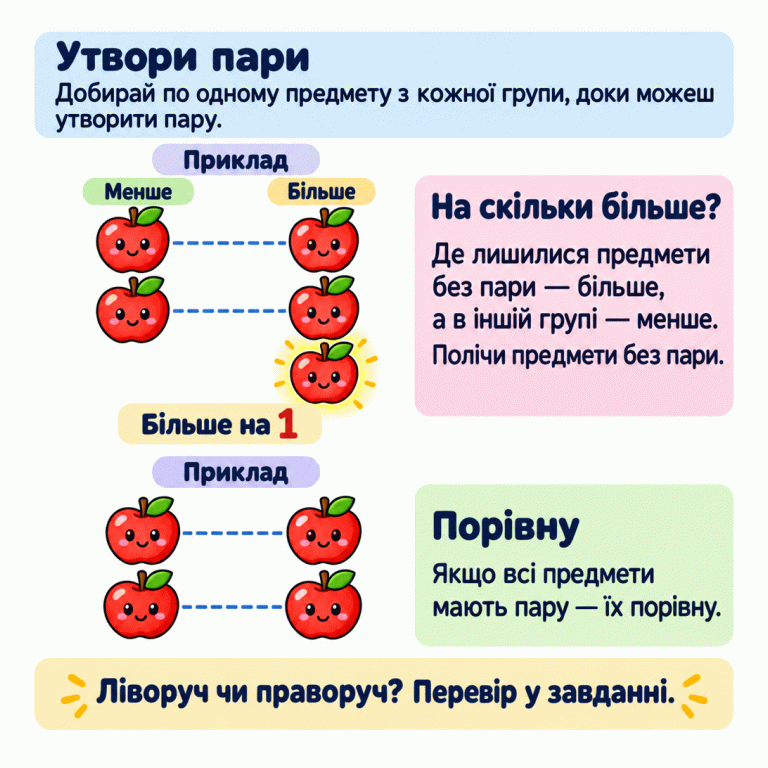 Навчальні приклади порівняння парами. У першому ліворуч два яблука, праворуч три. Дві пари утворено, одне праве яблуко лишилося без пари: праворуч більше на один, ліворуч менше. У другому прикладі по два яблука з кожного боку. Усі мають пару, тому їх порівну. Щоб дізнатися, на скільки більше, утвори всі можливі пари й полічи предмети без пари. Перевір у завданні, про яку групу запитують. Утвори пари: Добирай по одному предмету з кожної групи, доки можеш утворити пару. На скільки більше?: Де лишилися предмети без пари — більше, а в іншій групі — менше. Полічи предмети без пари. Порівну: Якщо всі предмети мають пару — їх порівну. Ліворуч чи праворуч? Перевір у завданні. Приклад Менше Більше Більше на 1