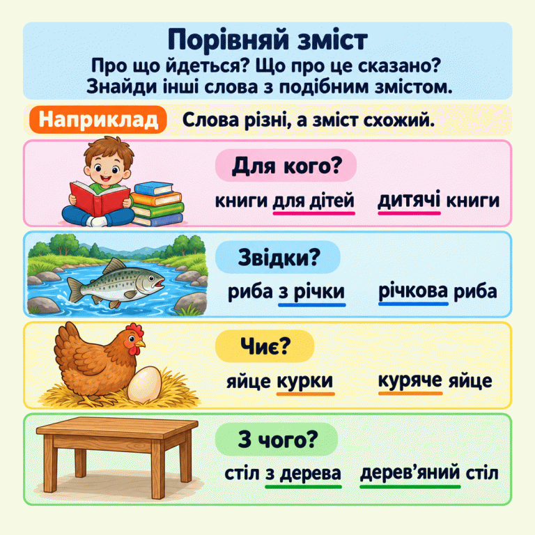 Картка пояснює: порівняй, про що йдеться у фразі та що про це сказано, і знайди інші слова з подібним змістом. Під міткою «Наприклад» розташовані чотири ілюстровані пари: книги для дітей — дитячі книги; риба з річки — річкова риба; яйце курки — куряче яйце; стіл з дерева — дерев’яний стіл. У кожній парі підкреслено різні слова, які передають ту саму важливу подробицю. Порівняй зміст: Про що йдеться? Що про це сказано?
Знайди інші слова з подібним змістом. Наприклад: Слова різні, а зміст схожий. Для кого? книги для дітей дитячі книги Звідки? риба з річки річкова риба Чиє? яйце курки куряче яйце З чого? стіл з дерева дерев’яний стіл