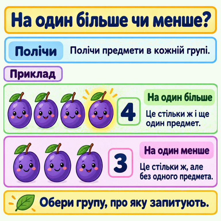 Навчальний приклад порівняння двох груп: чотири сливи та три сливи. Чотири — на один більше, ніж три; три — на один менше, ніж чотири. Один додатковий плід виділено. Порада: полічити предмети в кожній групі й обрати ту, про яку запитують. На один більше чи менше? Полічи: Полічи предмети в кожній групі. На один більше: Це стільки ж і ще один предмет. На один менше: Це стільки ж, але без одного предмета. Обери групу, про яку запитують. Приклад 4 3