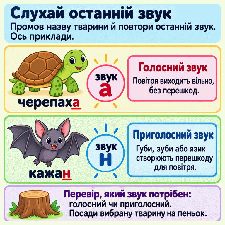 Картка вчить промовляти назву тварини й слухати останній звук. Два приклади: черепаха — останній звук а, голосний; кажан — останній звук н, приголосний. Голосний вимовляємо без перешкод для повітря, а для приголосного перешкоду створюють губи, зуби або язик. Унизу нагадування перевірити, який тип звука потрібен у завданні, і посадити вибрану тварину на пеньок. Слухай останній звук: Промов назву тварини й повтори останній звук. Ось приклади. Голосний звук: Повітря виходить вільно, без перешкод. Приголосний звук: Губи, зуби або язик створюють перешкоду для повітря. Перевір, який звук потрібен: голосний чи приголосний. Посади вибрану тварину на пеньок. черепаха звук а кажан звук н
