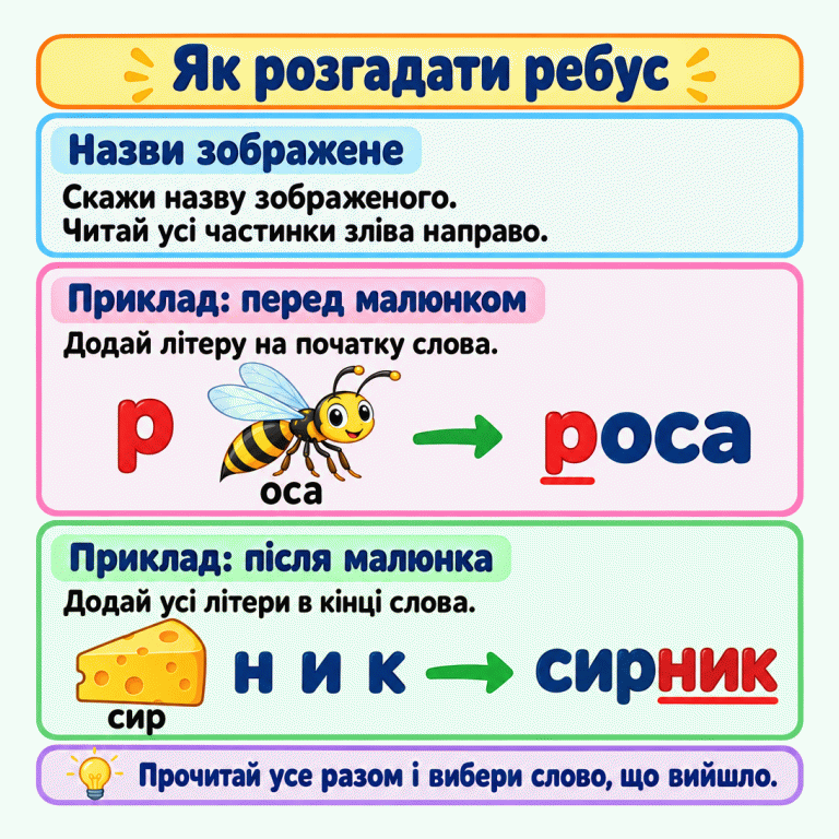 Як розгадати ребус: назви зображене та читай частинки зліва направо. У першому навчальному прикладі перед осою стоїть літера «р»: виходить слово «роса». У другому після сиру стоять літери «н», «и», «к»: виходить слово «сирник». Прочитай усе разом і вибери утворене слово. Як розгадати ребус Назви зображене: Скажи назву зображеного. Читай усі частинки зліва направо. Приклад: перед малюнком: Додай літеру на початку слова. Приклад: після малюнка: Додай усі літери в кінці слова. Прочитай усе разом і вибери слово, що вийшло. р оса роса сир н и к сирник