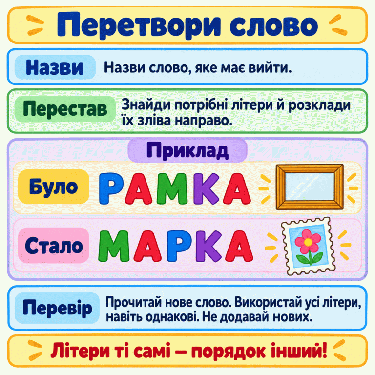 Назви потрібне слово, перестав наявні літери зліва направо й перевір результат. Один приклад показано у двох рядках: було РАМКА поруч із малюнком рамки; стало МАРКА поруч із поштовою маркою. В обох словах ті самі п’ять літер, зокрема дві А. Змінилися порядок літер і значення слова. Перетвори слово Назви: Назви слово, яке має вийти. Перестав: Знайди потрібні літери й розклади їх зліва направо. Перевір: Прочитай нове слово. Використай усі літери, навіть однакові. Не додавай нових. Літери ті самі — порядок інший! Приклад Було РАМКА Стало МАРКА