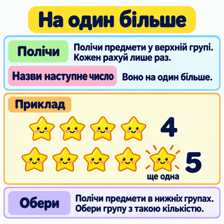 Картка пояснює: полічи предмети у верхній групі, назви наступне число та знайди таку кількість у нижніх групах. У навчальному прикладі одна група має чотири зірочки, а інша — п’ять: стільки само і ще одну. П’ять — на один більше за чотири. На один більше Полічи: Полічи предмети у верхній групі. Кожен рахуй лише раз. Назви наступне число: Воно на один більше. Обери: Полічи предмети в нижніх групах. Обери групу з такою кількістю. Приклад 4 5 ще одна