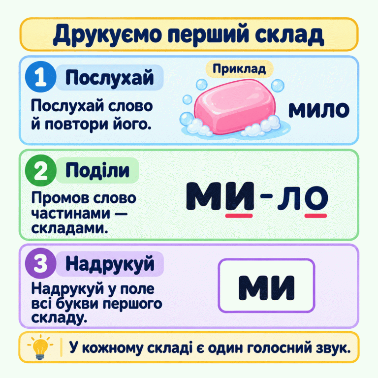 Картка пояснює, як надрукувати перший склад: послухай слово, промов його складами й надрукуй початок. Навчальний приклад із малюнком мила показує слово «мило», поділ «ми-ло» та запис «ми» в полі. У поділеному слові підкреслено голосні букви. Нагадування: у кожному складі є один голосний звук. Друкуємо перший склад Послухай: Послухай слово й повтори його. Поділи: Промов слово частинами — складами. Надрукуй: Надрукуй у поле всі букви першого складу. У кожному складі є один голосний звук. Приклад мило ми-ло ми 1 2 3