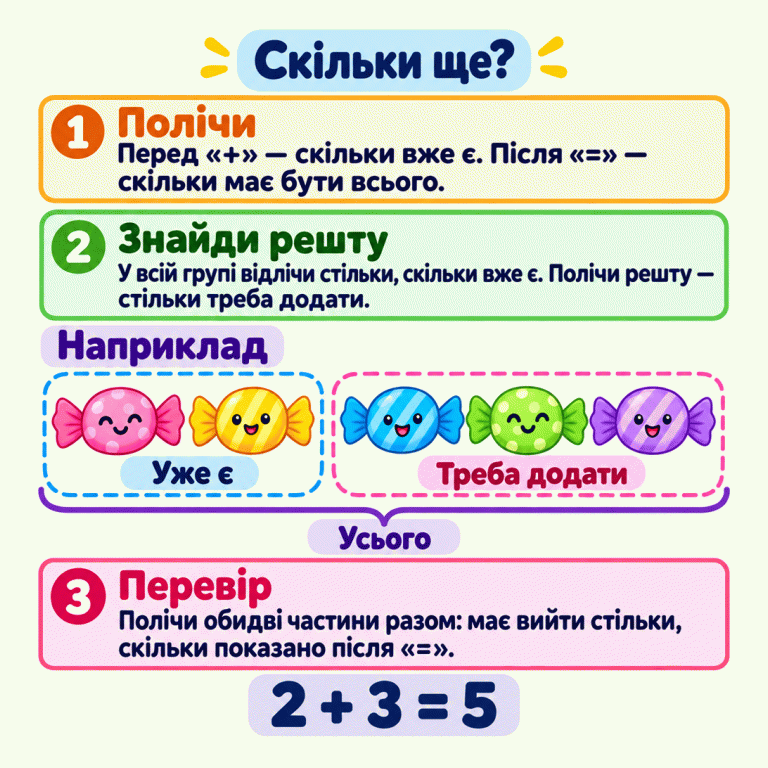 Як знайти пропущений доданок: полічи відому частину й усе ціле, відлічи в цілому відому частину та порахуй решту. У навчальному прикладі всього п’ять цукерок: дві вже є, три треба додати. Перевірка: два плюс три дорівнює п’яти. Скільки ще? Полічи: Перед «+» — скільки вже є. Після «=» — скільки має бути всього. Знайди решту: У всій групі відлічи стільки, скільки вже є. Полічи решту — стільки треба додати. Перевір: Полічи обидві частини разом: має вийти стільки, скільки показано після «=». Наприклад Уже є Треба додати Усього 2 + 3 = 5 1 2 3