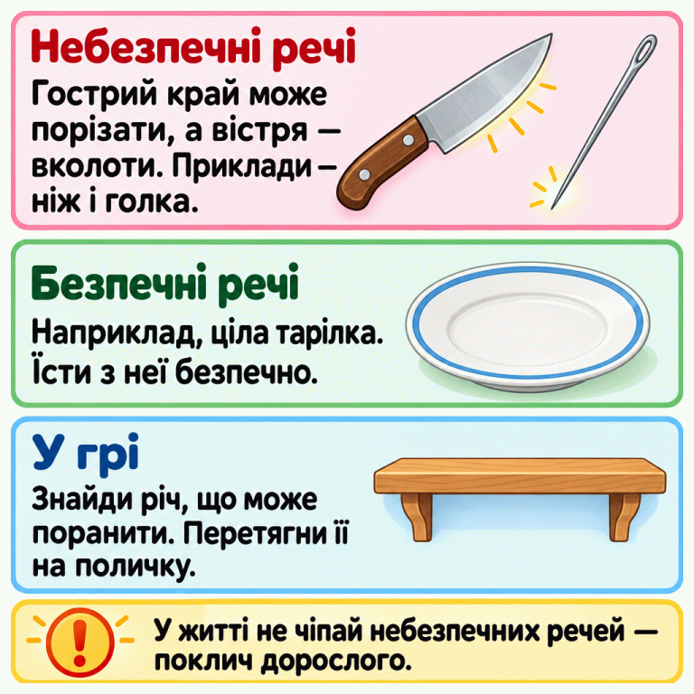 Приклади небезпечних речей: ніж із гострим краєм, який може порізати, і голка з вістрям, яке може вколоти. Приклад безпечного користування: їсти з цілої тарілки. У грі небезпечну річ перетягують на поличку. У житті її не чіпають і кличуть дорослого. Небезпечні речі: Гострий край може порізати, а вістря — вколоти. Приклади — ніж і голка. Безпечні речі: Наприклад, ціла тарілка. Їсти з неї безпечно. У грі: Знайди річ, що може поранити. Перетягни її на поличку. У житті не чіпай небезпечних речей — поклич дорослого. !