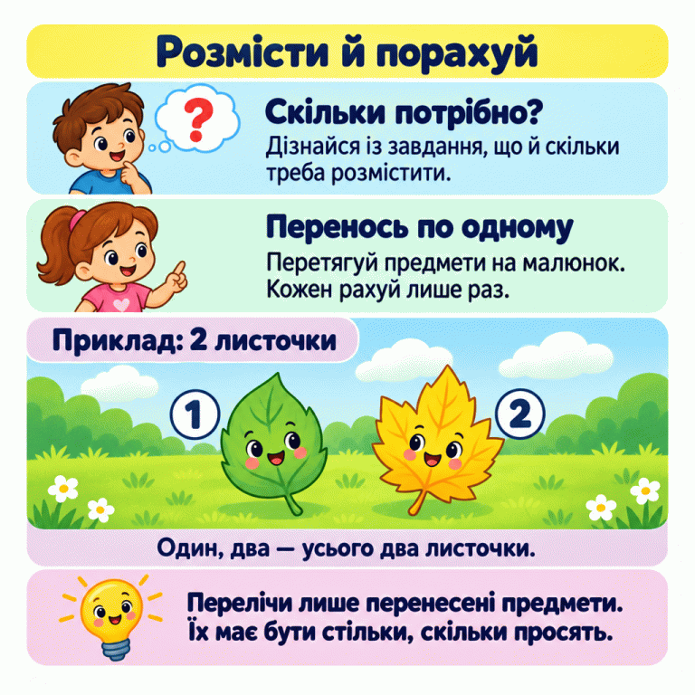 Картка пояснює, як розмістити потрібну кількість предметів: дізнатися завдання, переносити по одному й рахувати кожен лише раз. У навчальному прикладі потрібно два листочки. На малюнку два листочки з підписами 1 і 2: один, два — усього два. Наприкінці треба перелічити перенесені предмети та перевірити, чи їх стільки, скільки просять. Розмісти й порахуй Скільки потрібно?: Дізнайся із завдання, що й скільки треба розмістити. Перенось по одному: Перетягуй предмети на малюнок. Кожен рахуй лише раз. Приклад: 2 листочки: Один, два — усього два листочки. Перелічи лише перенесені предмети. Їх має бути стільки, скільки просять. 1 2 ?
