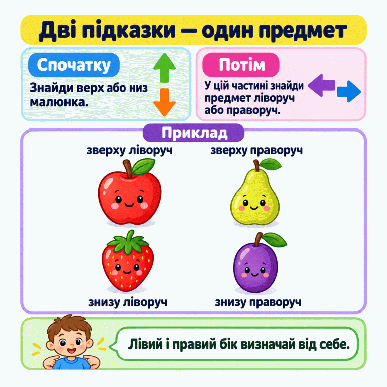 Дві підказки допомагають знайти один предмет. Спочатку знайди верх або низ малюнка, потім у цій частині — предмет ліворуч або праворуч. У навчальному прикладі яблуко розташоване зверху ліворуч, груша — зверху праворуч, полуниця — знизу ліворуч, слива — знизу праворуч. Лівий і правий бік визначай від себе. Дві підказки — один предмет Спочатку: Знайди верх або низ малюнка. Потім: У цій частині знайди предмет ліворуч або праворуч. Лівий і правий бік визначай від себе. Приклад зверху ліворуч зверху праворуч знизу ліворуч знизу праворуч